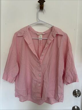 H&M Pink Button-Front Linen-Blend Relaxed Shirt